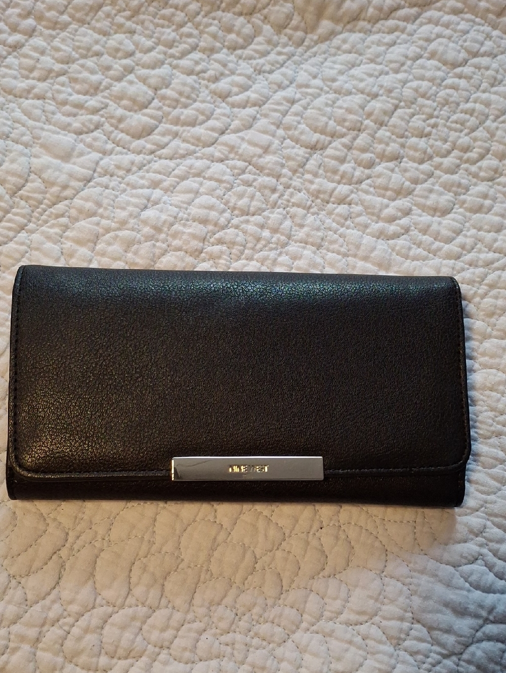 Nine West Black Leather Continental Wallet with Silver Accent
